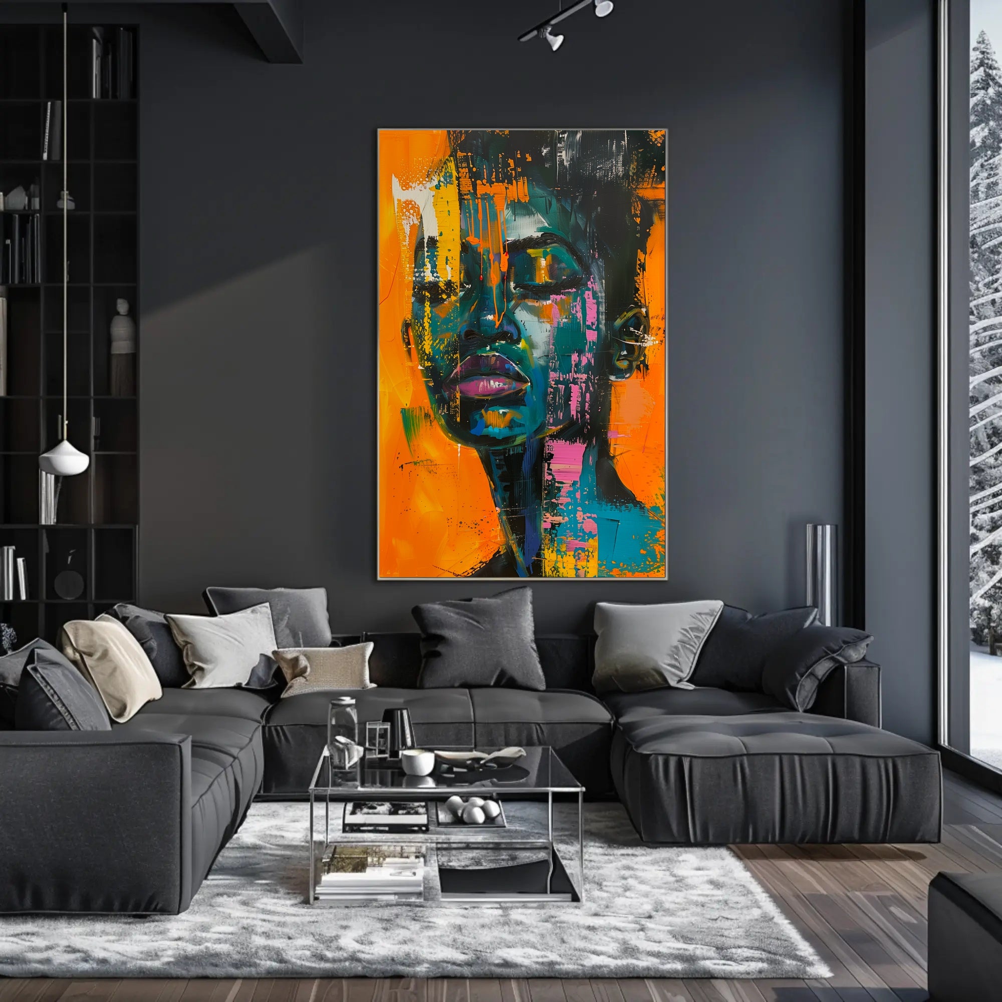 Vivid Abstract Portrait on Vibrant Orange: Artistic Poster PosterGoat