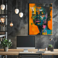 Vivid Abstract Portrait on Vibrant Orange: Artistic Poster PosterGoat