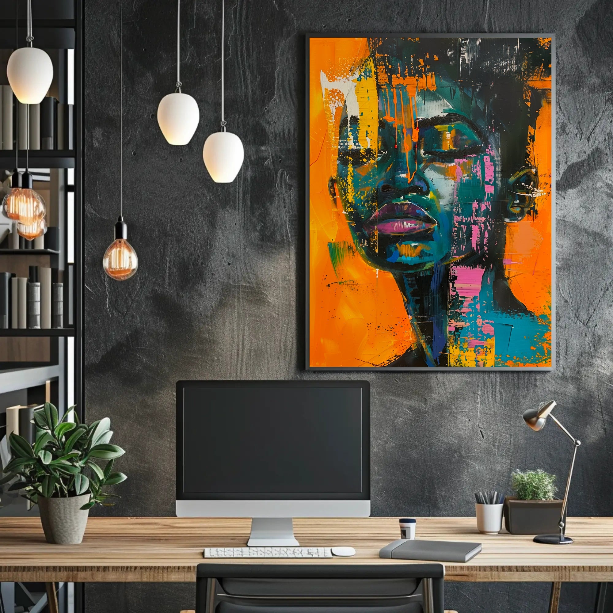 Vivid Abstract Portrait on Vibrant Orange: Artistic Poster PosterGoat