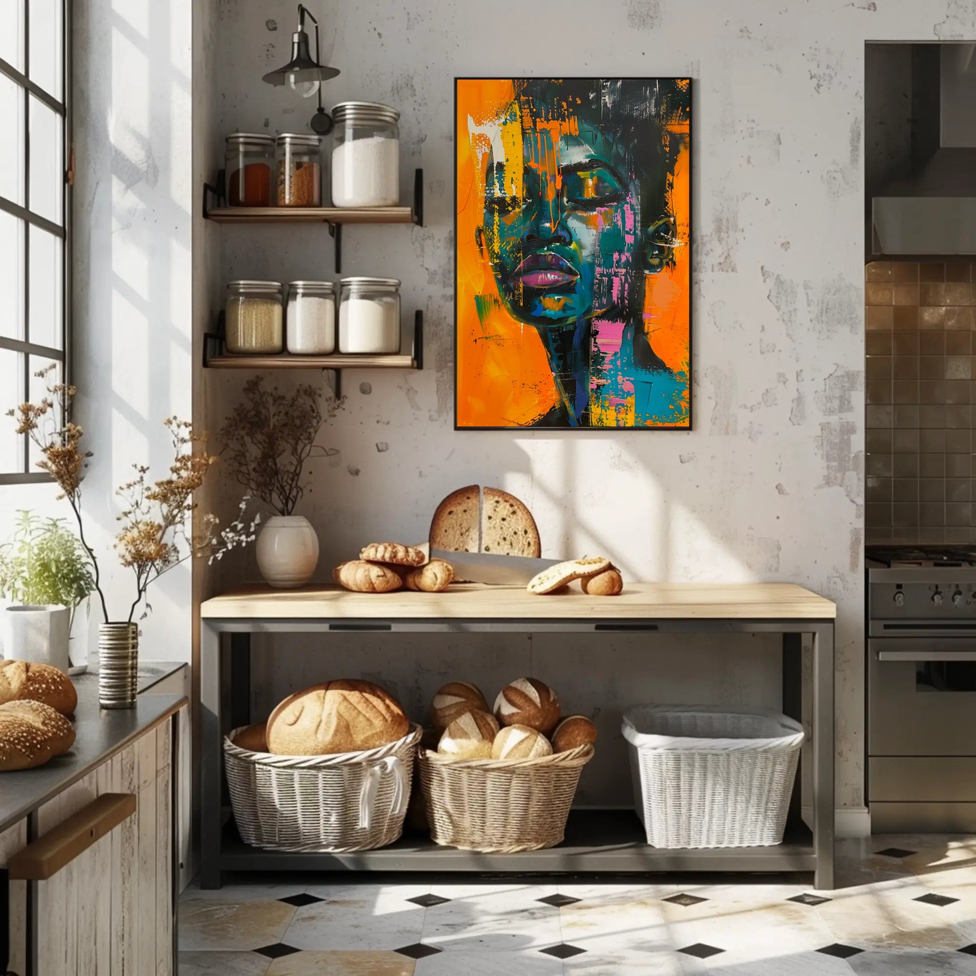 Vivid Abstract Portrait on Vibrant Orange: Artistic Poster PosterGoat