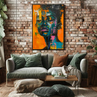 Vivid Abstract Portrait on Vibrant Orange: Artistic Poster PosterGoat
