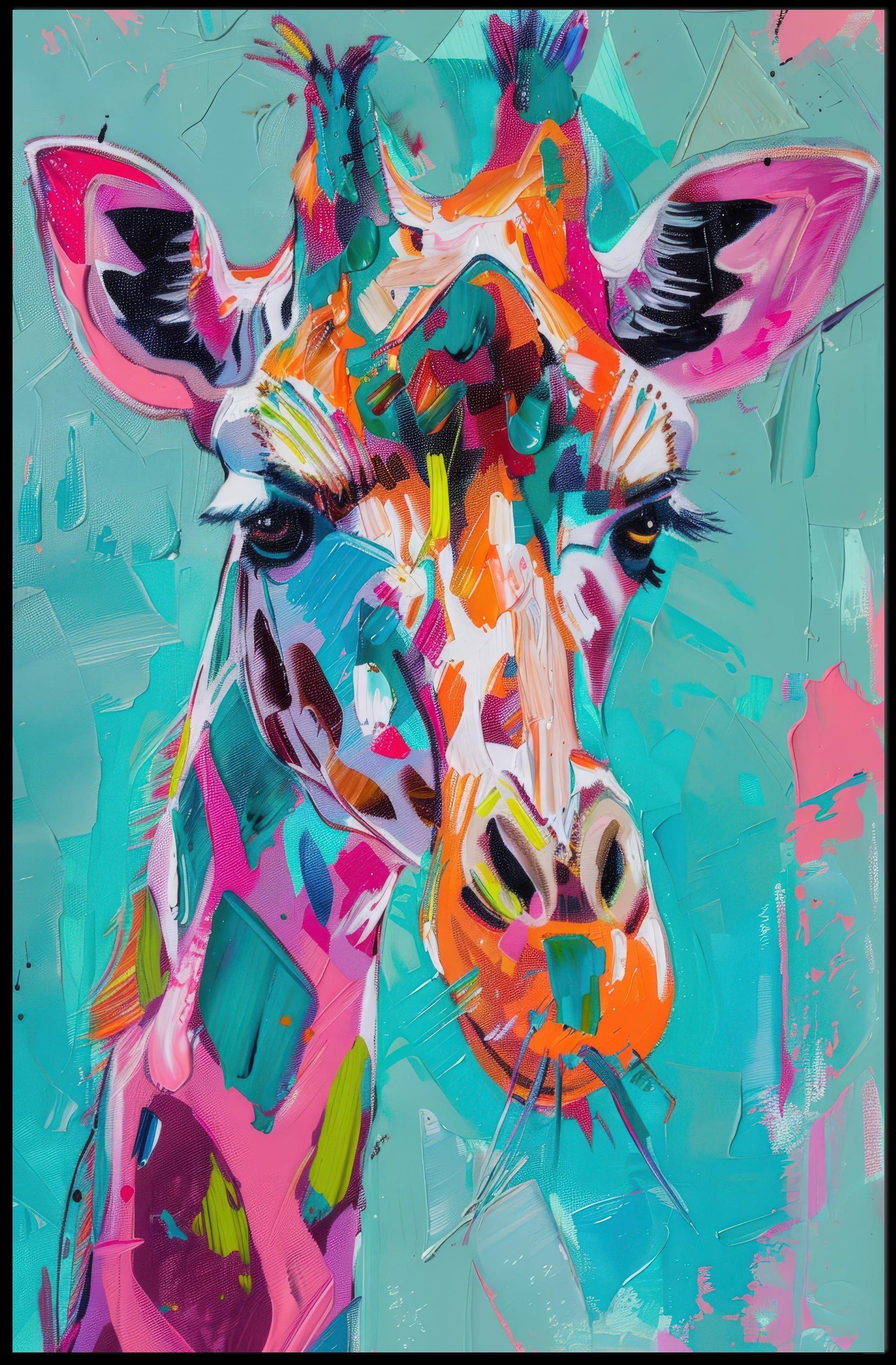 Vivid Giraffe Art on Teal Background Abstract or Artistic Poster PosterGoat