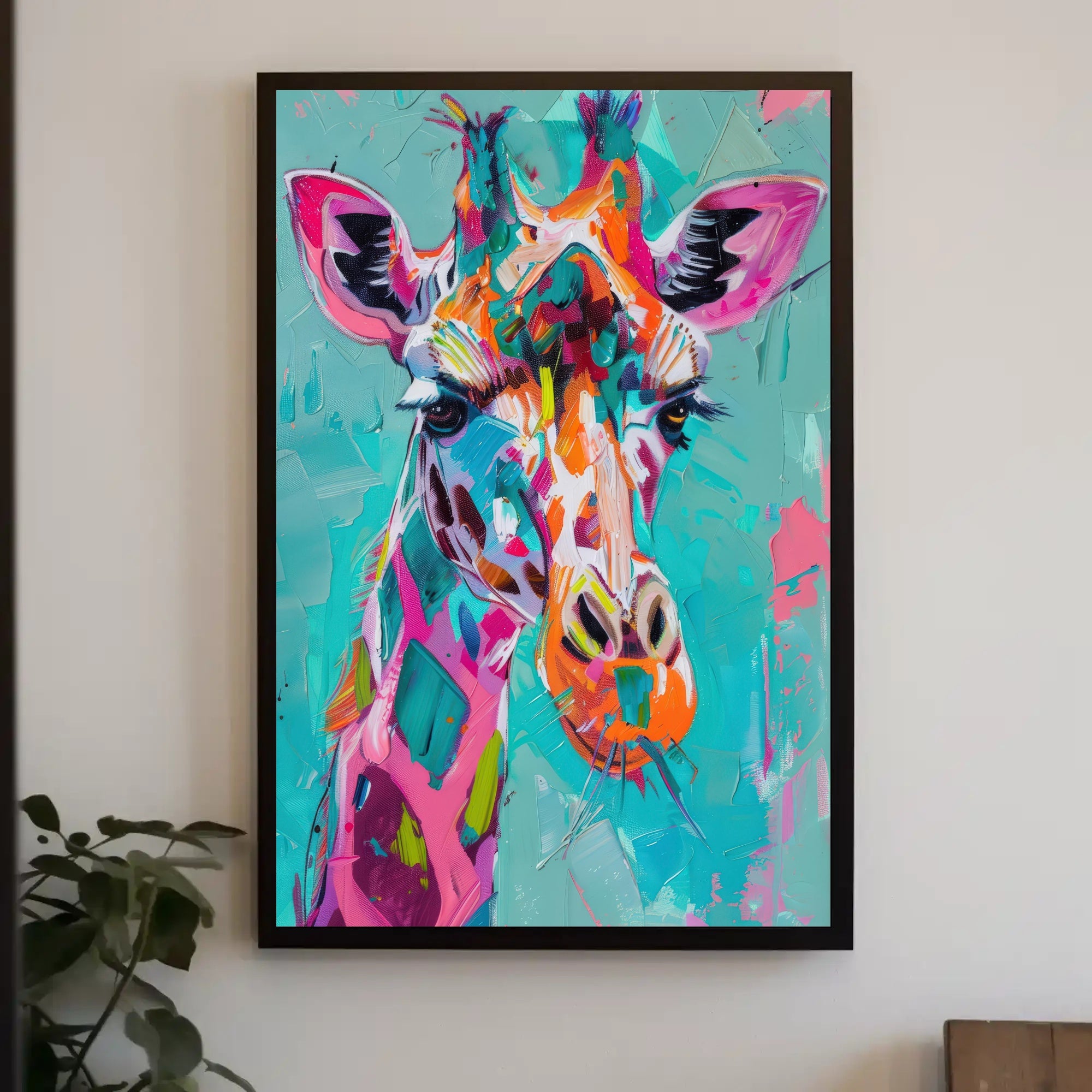 Vivid Giraffe Art on Teal Background Abstract or Artistic Poster PosterGoat