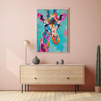 Vivid Giraffe Art on Teal Background Abstract or Artistic Poster PosterGoat