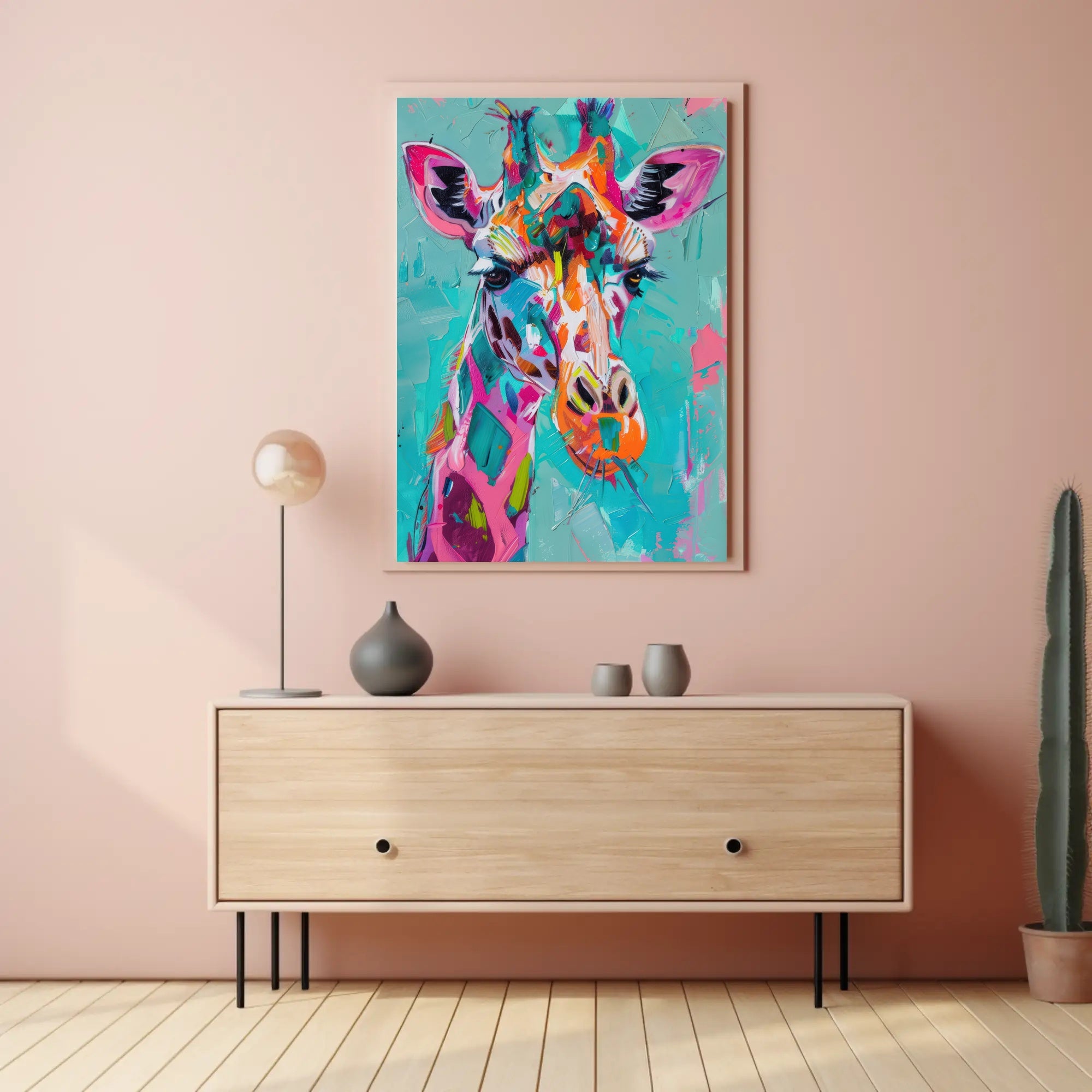 Vivid Giraffe Art on Teal Background Abstract or Artistic Poster PosterGoat