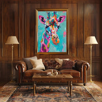 Vivid Giraffe Art on Teal Background Abstract or Artistic Poster PosterGoat