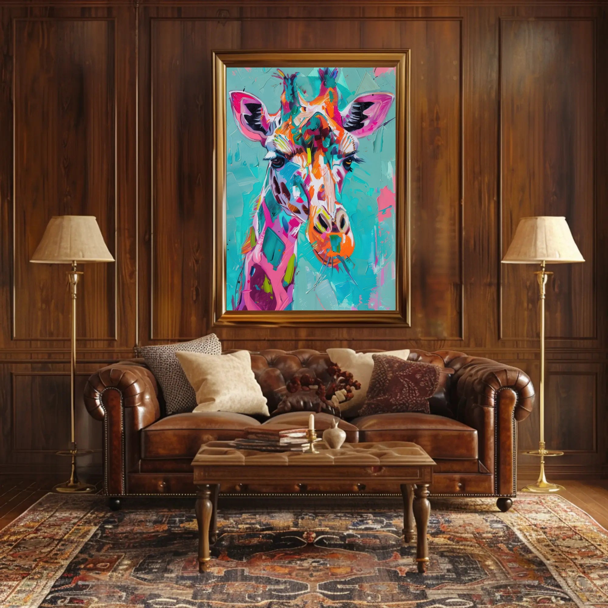 Vivid Giraffe Art on Teal Background Abstract or Artistic Poster PosterGoat