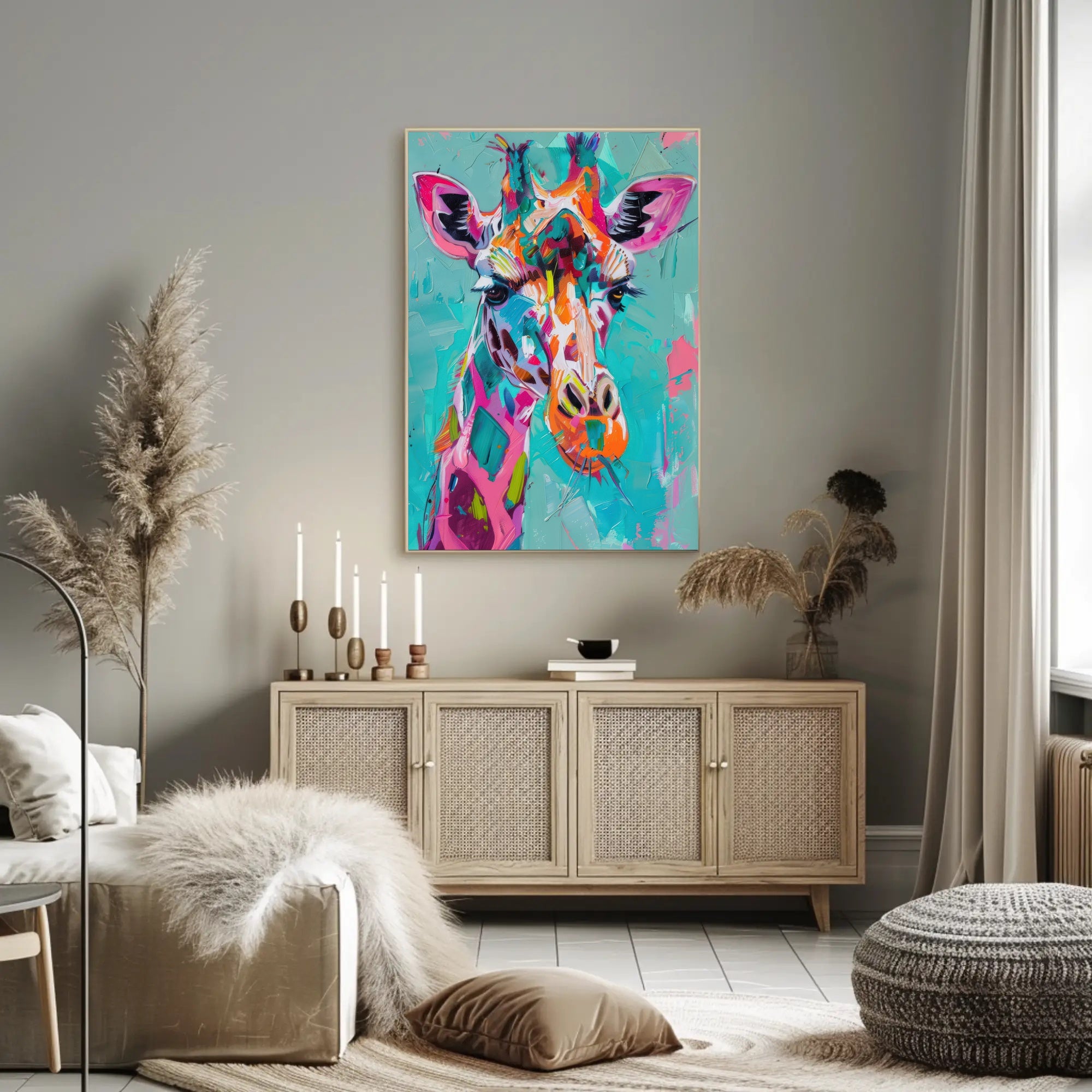 Vivid Giraffe Art on Teal Background Abstract or Artistic Poster PosterGoat