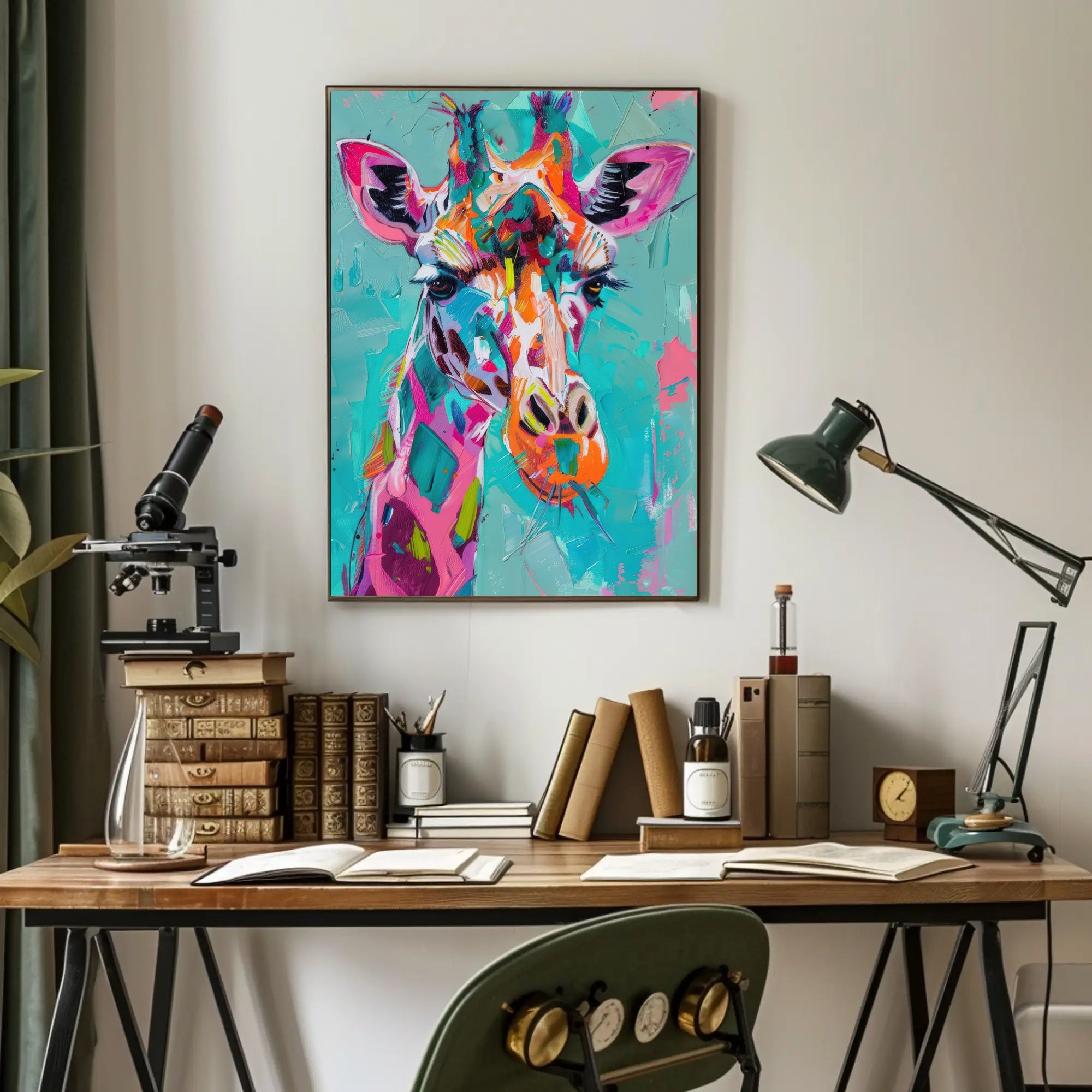 Vivid Giraffe Art on Teal Background Abstract or Artistic Poster PosterGoat