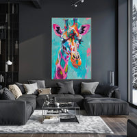 Vivid Giraffe Art on Teal Background Abstract or Artistic Poster PosterGoat