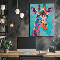 Vivid Giraffe Art on Teal Background Abstract or Artistic Poster PosterGoat