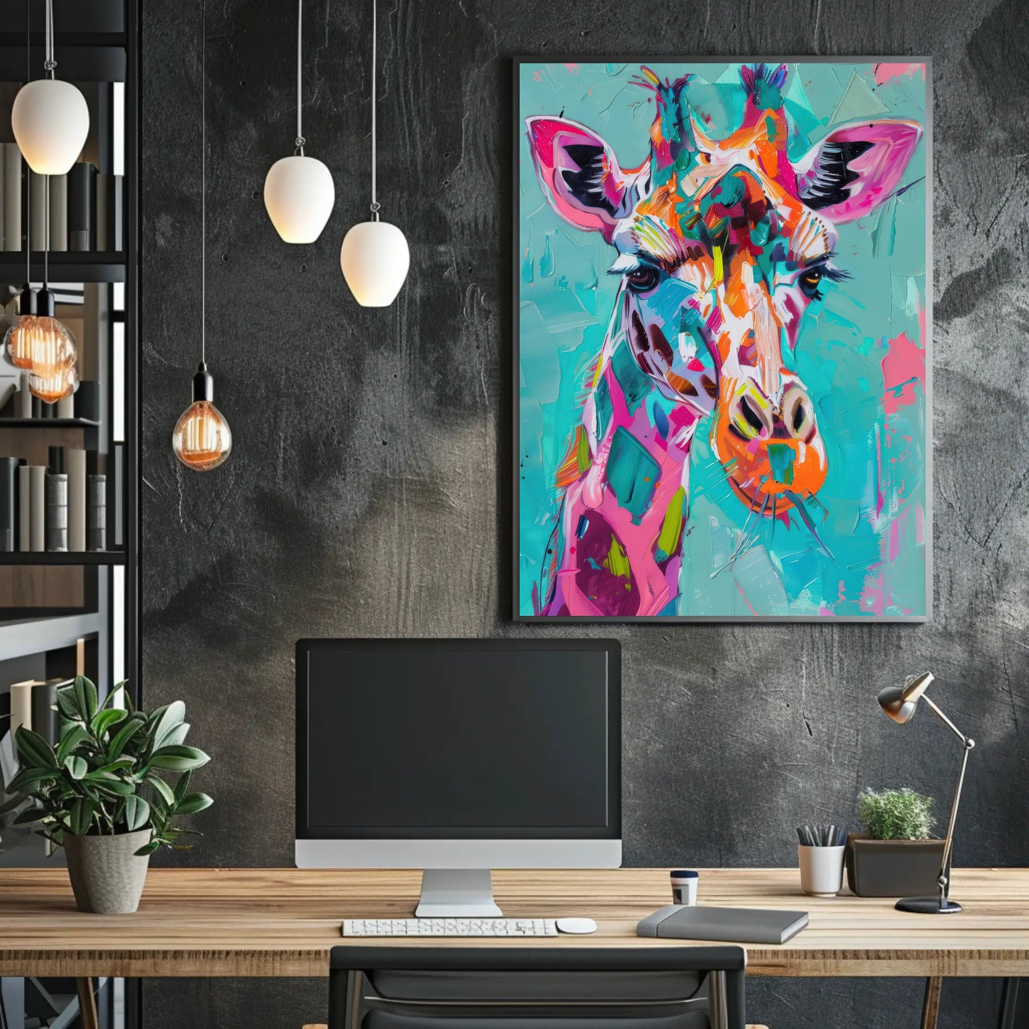 Vivid Giraffe Art on Teal Background Abstract or Artistic Poster PosterGoat