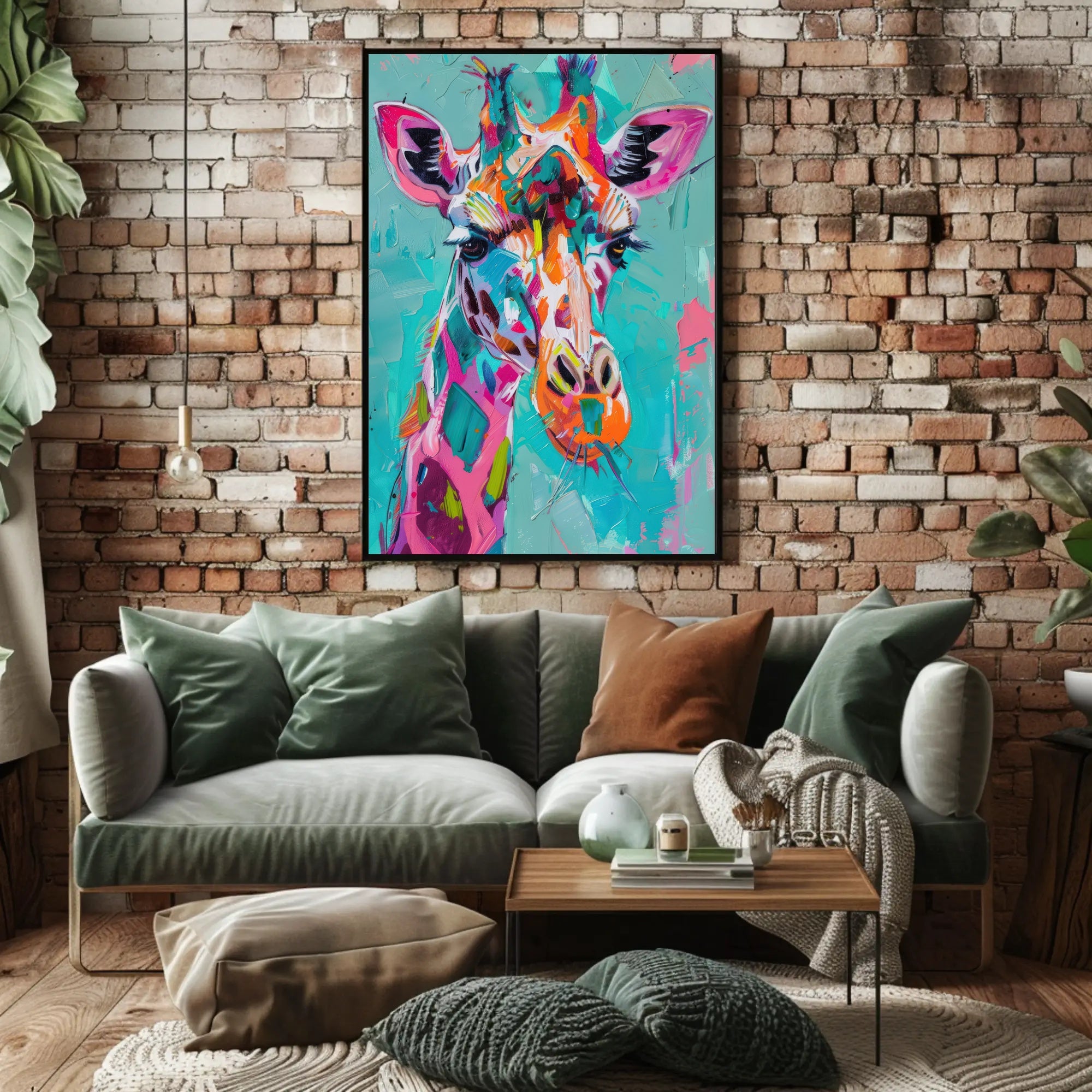 Vivid Giraffe Art on Teal Background Abstract or Artistic Poster PosterGoat