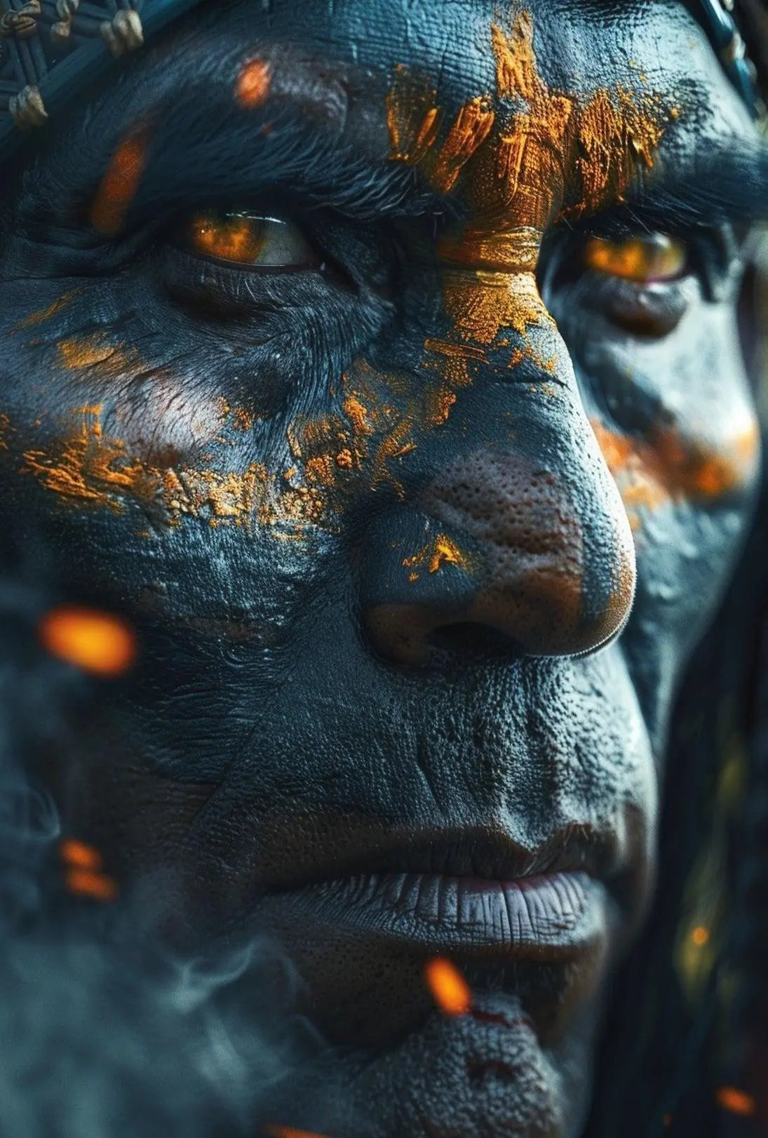 Warrior's Gaze: Intense Tribal Hyper-Realism Artistic Poster PosterGoat