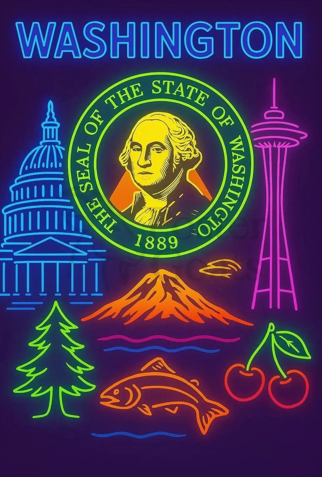 Washington State Neon Art Travel Poster PosterGoat