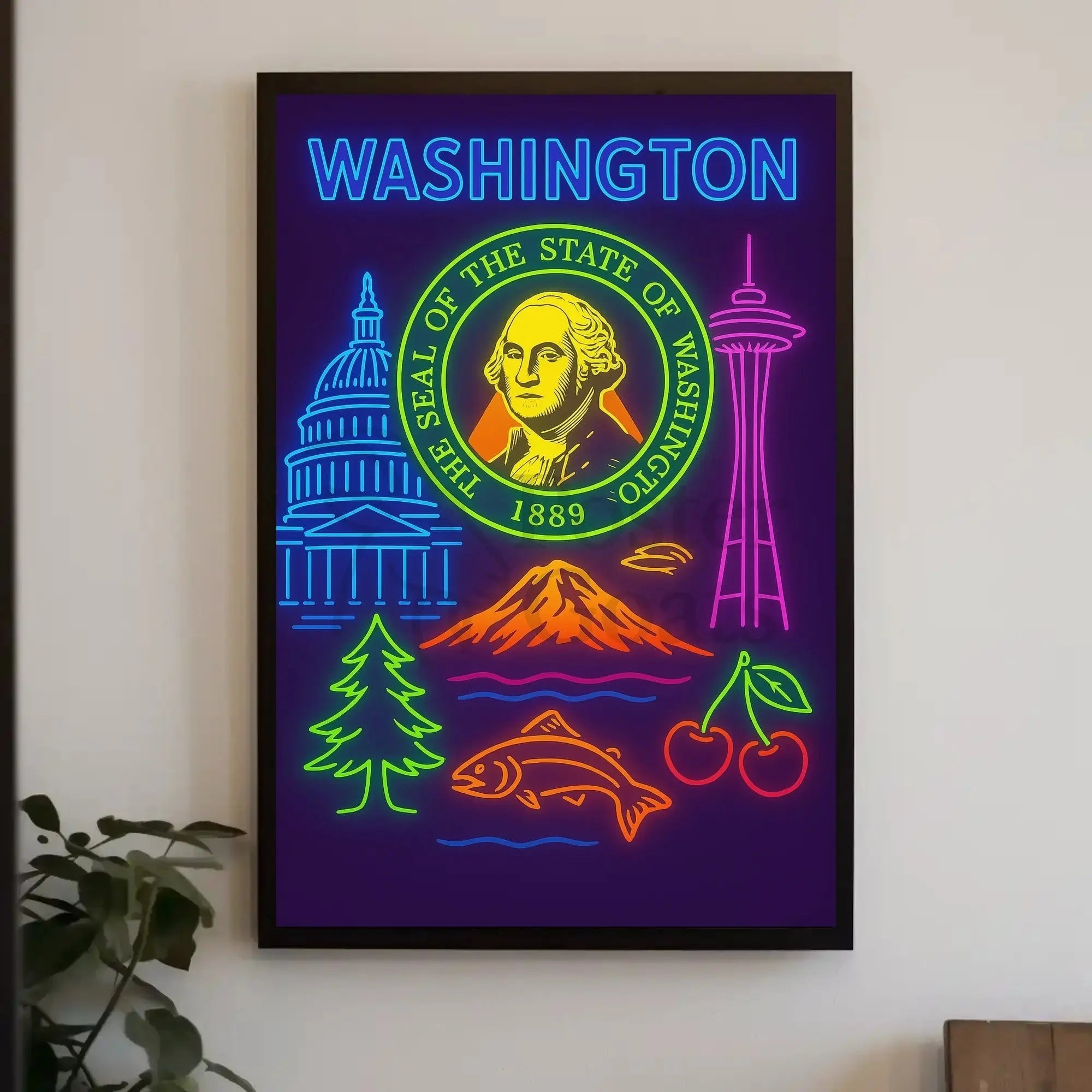 Washington State Neon Art Travel Poster PosterGoat