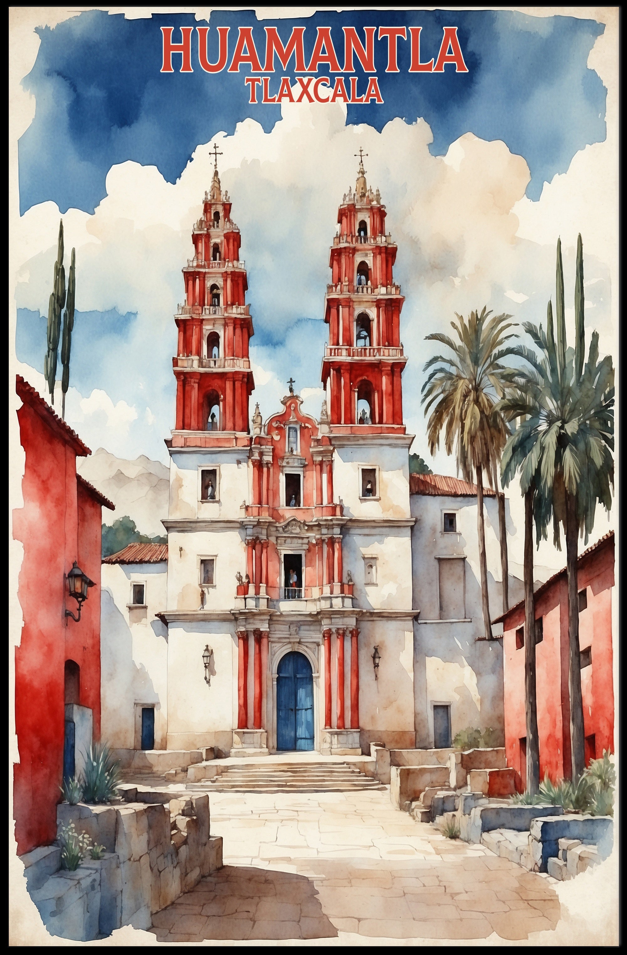 Watercolor Church in Huamantla: Cultural or Heritage Poster PosterGoat
