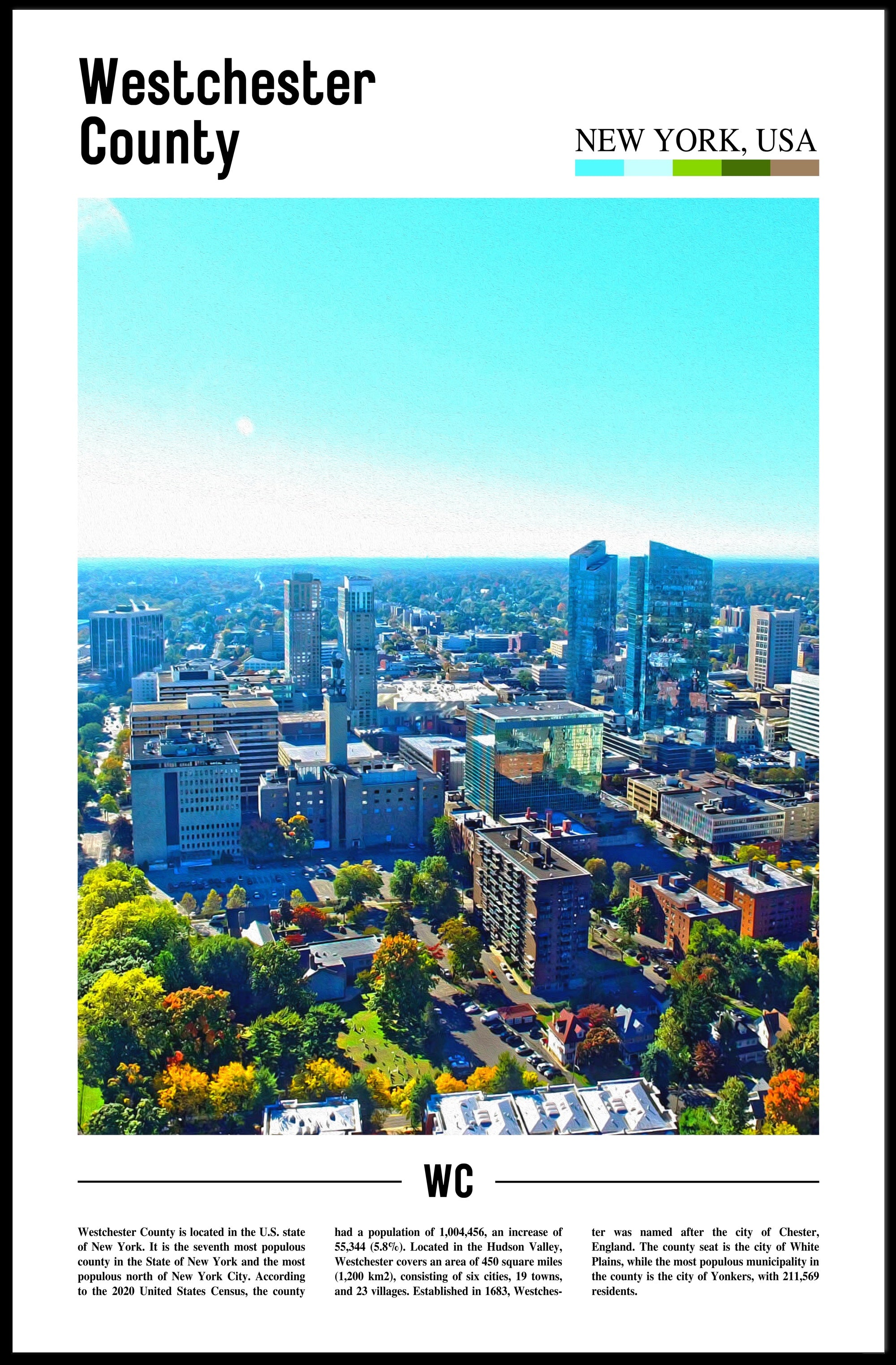 Westchester Aerial Cityscape Travel Art Poster PosterGoat