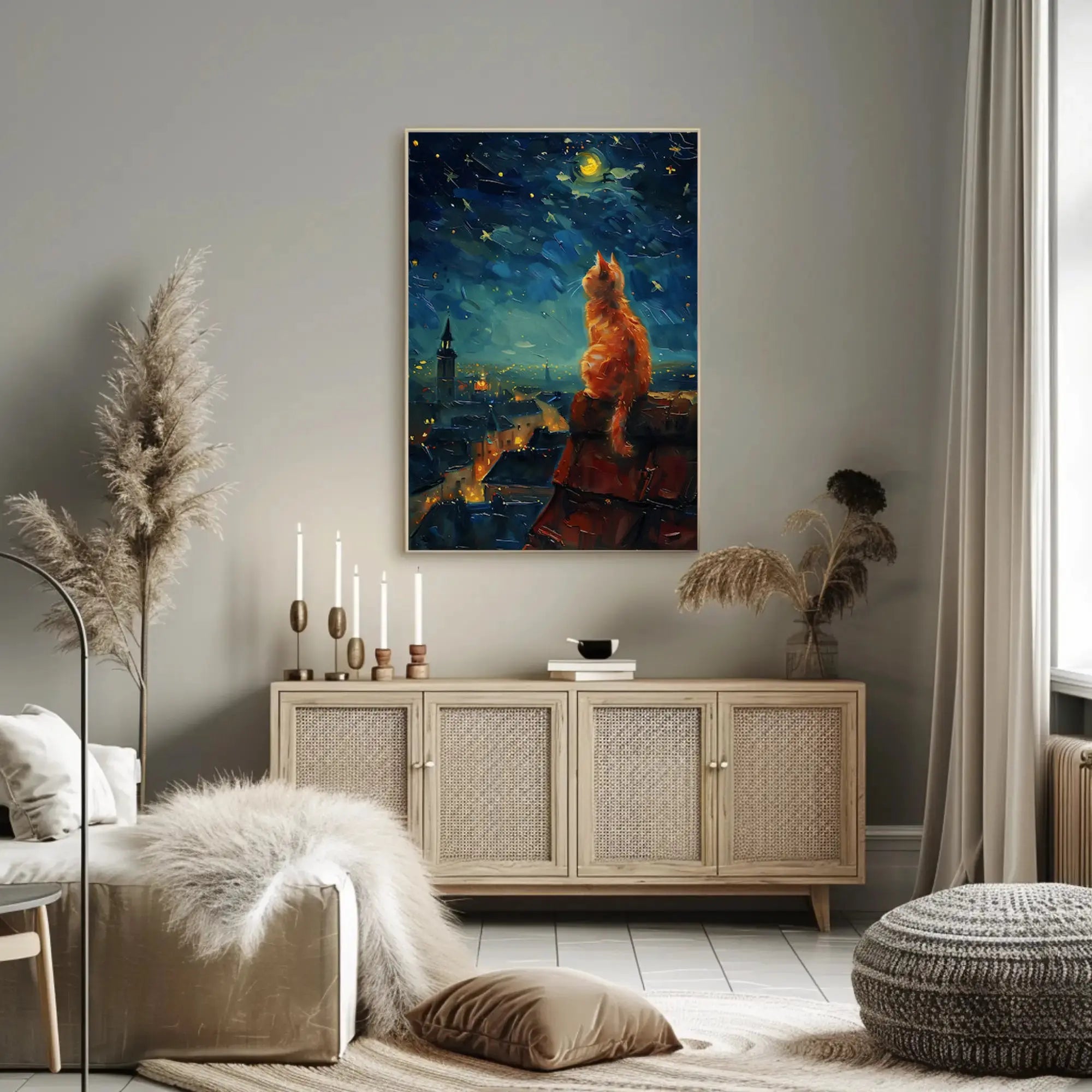 Whimsical Cat Starlit Night Artistic Animal Poster PosterGoat
