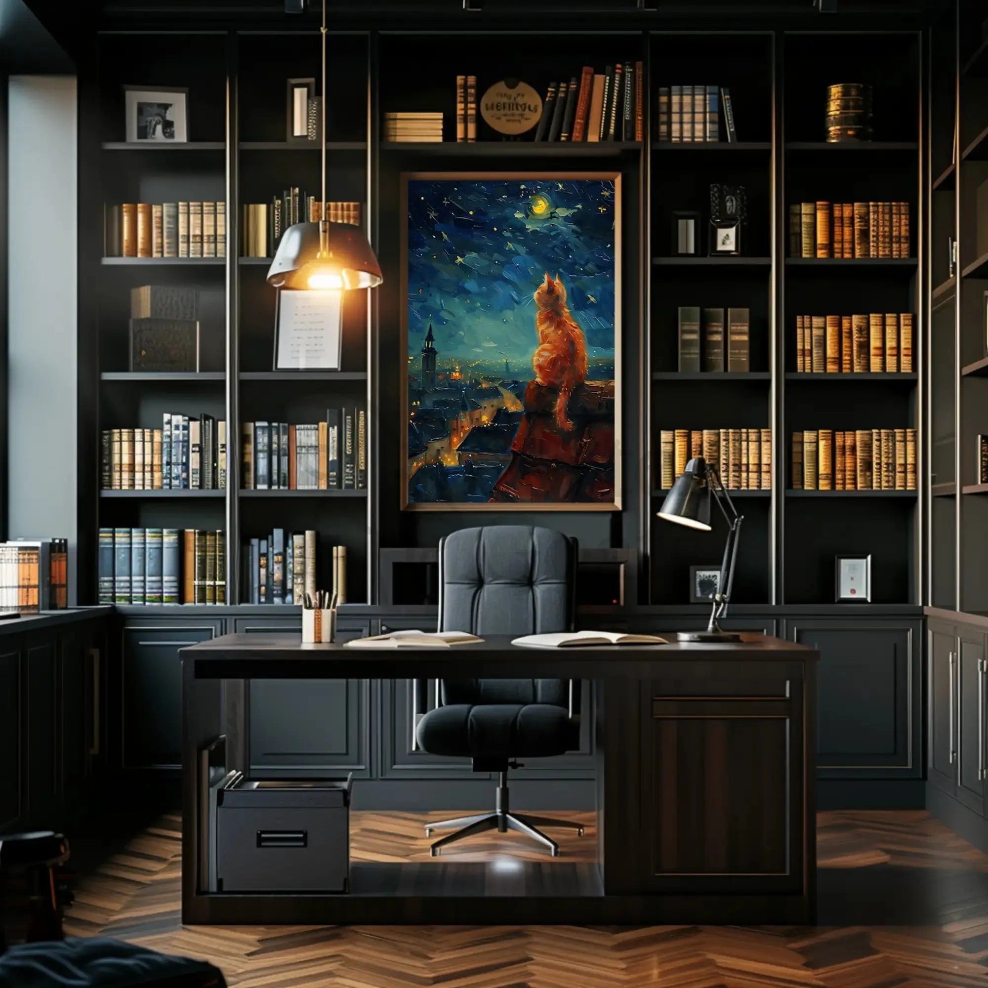 Whimsical Cat Starlit Night Artistic Animal Poster PosterGoat