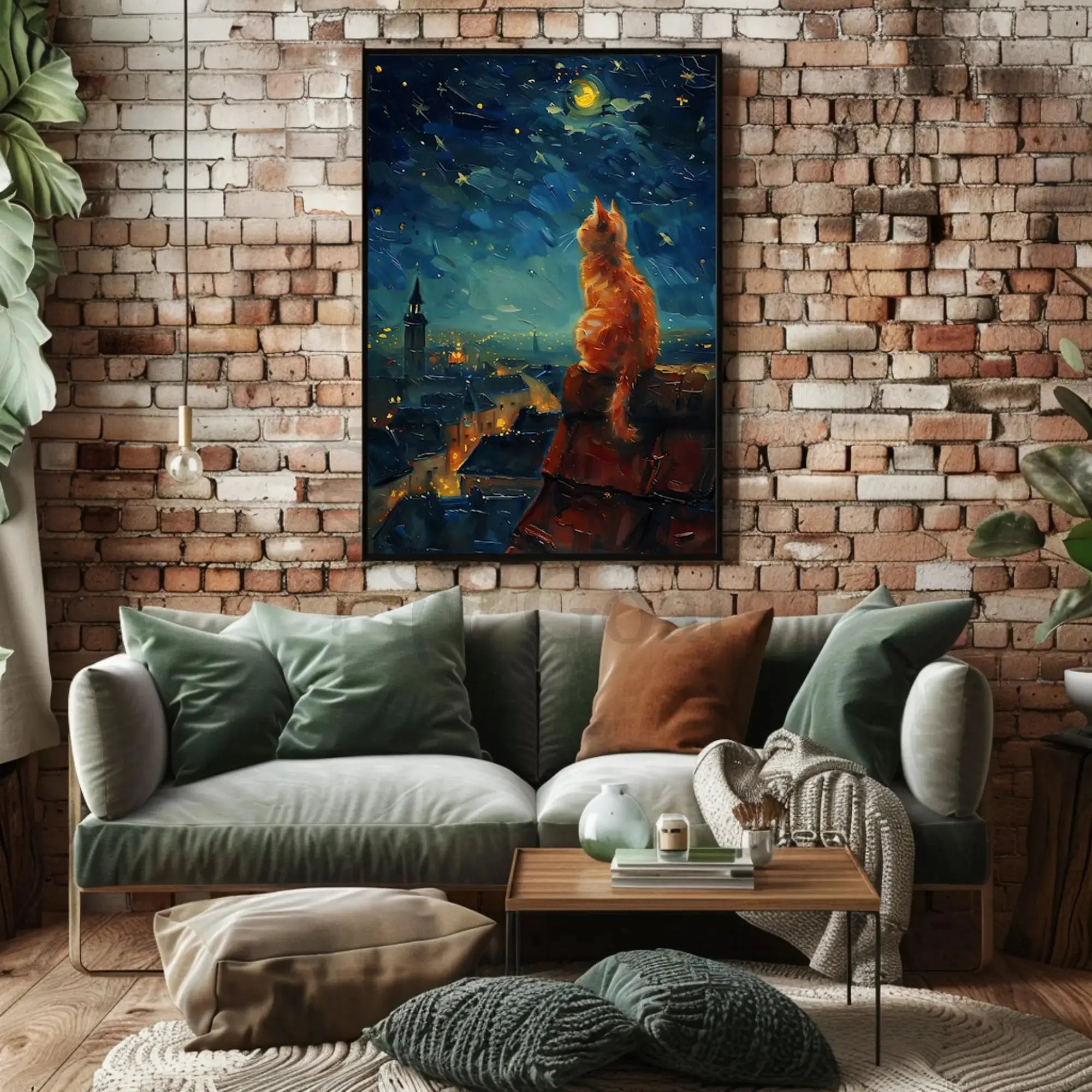 Whimsical Cat Starlit Night Artistic Animal Poster PosterGoat