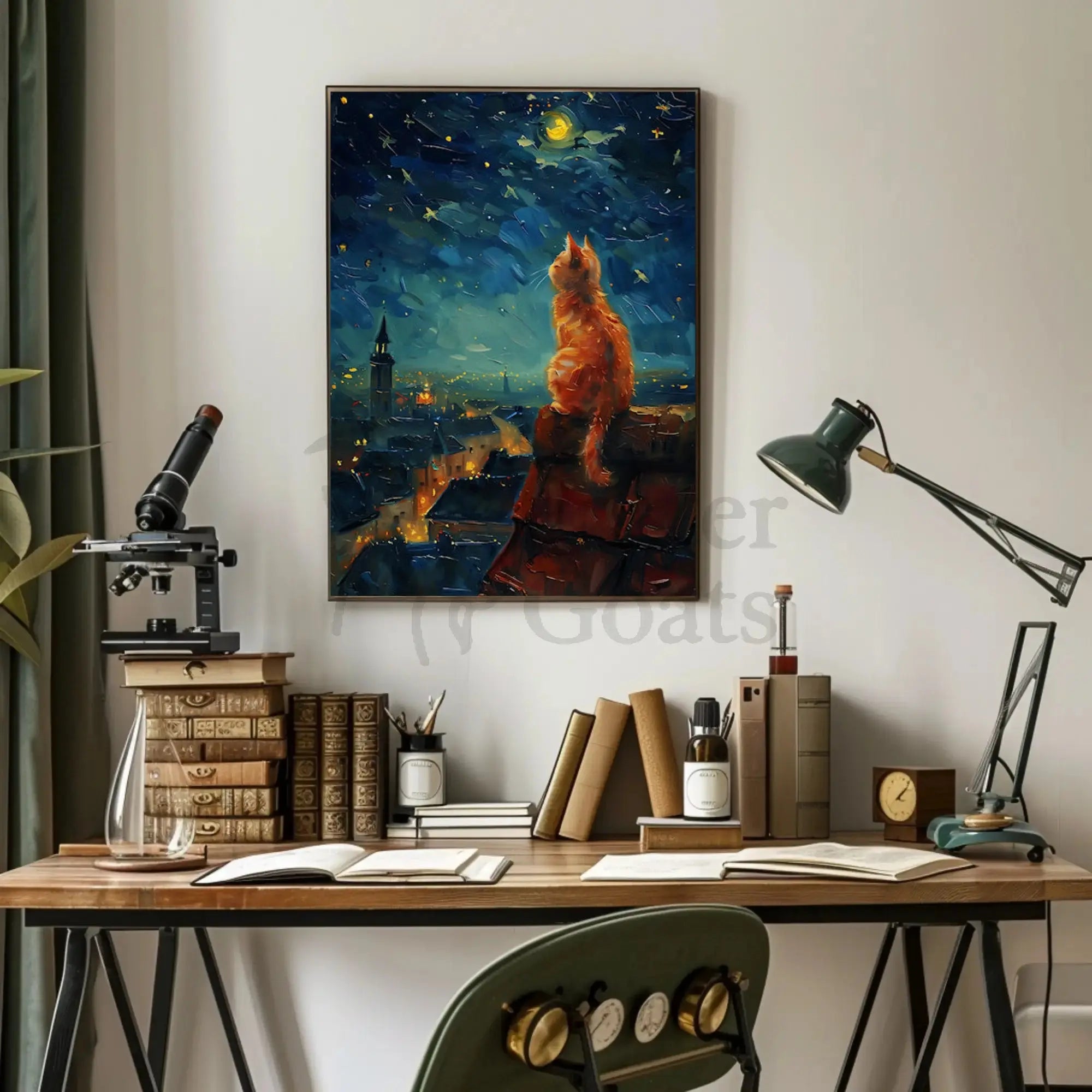 Whimsical Cat Starlit Night Artistic Animal Poster PosterGoat