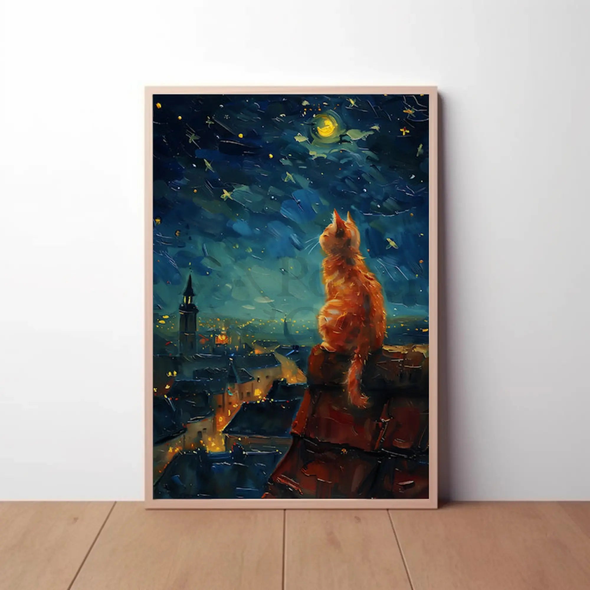Whimsical Cat Starlit Night Artistic Animal Poster PosterGoat
