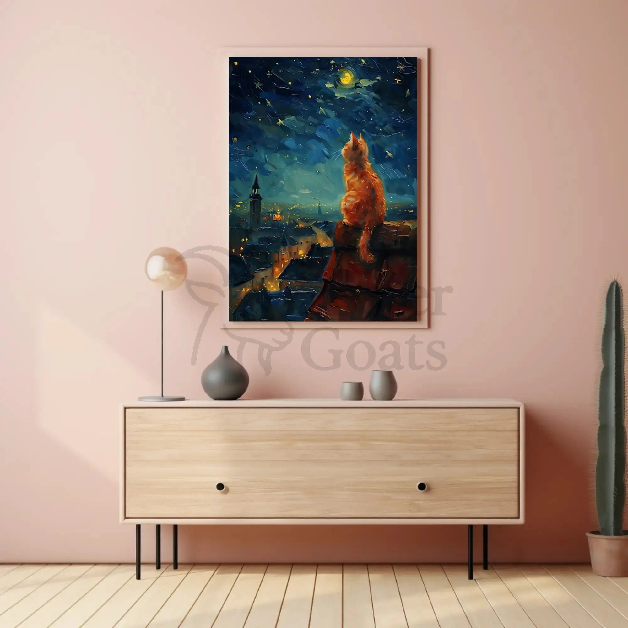Whimsical Cat Starlit Night Artistic Animal Poster PosterGoat