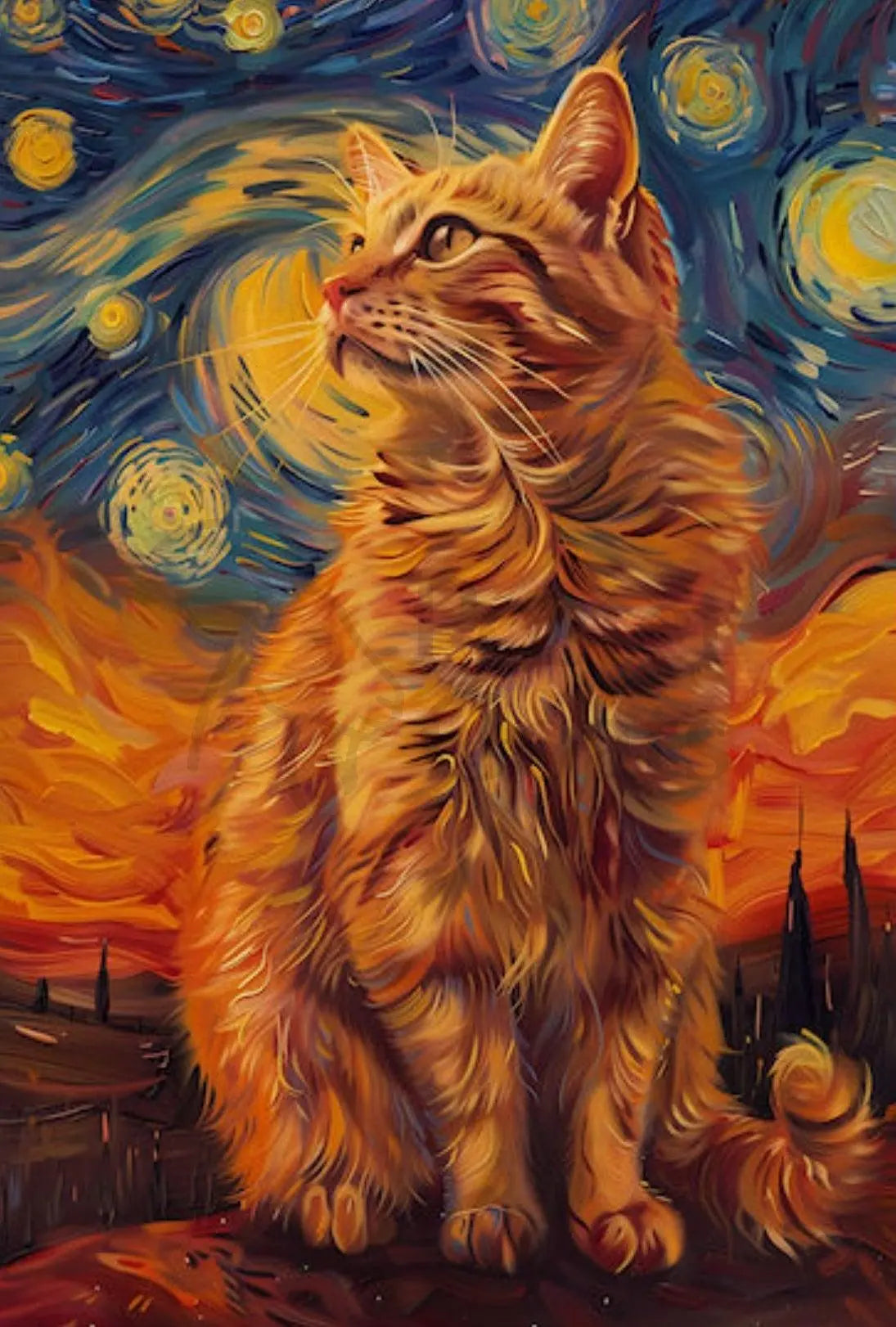 Whimsical Cat Under Starry Sky Artistic Animal Poster PosterGoat