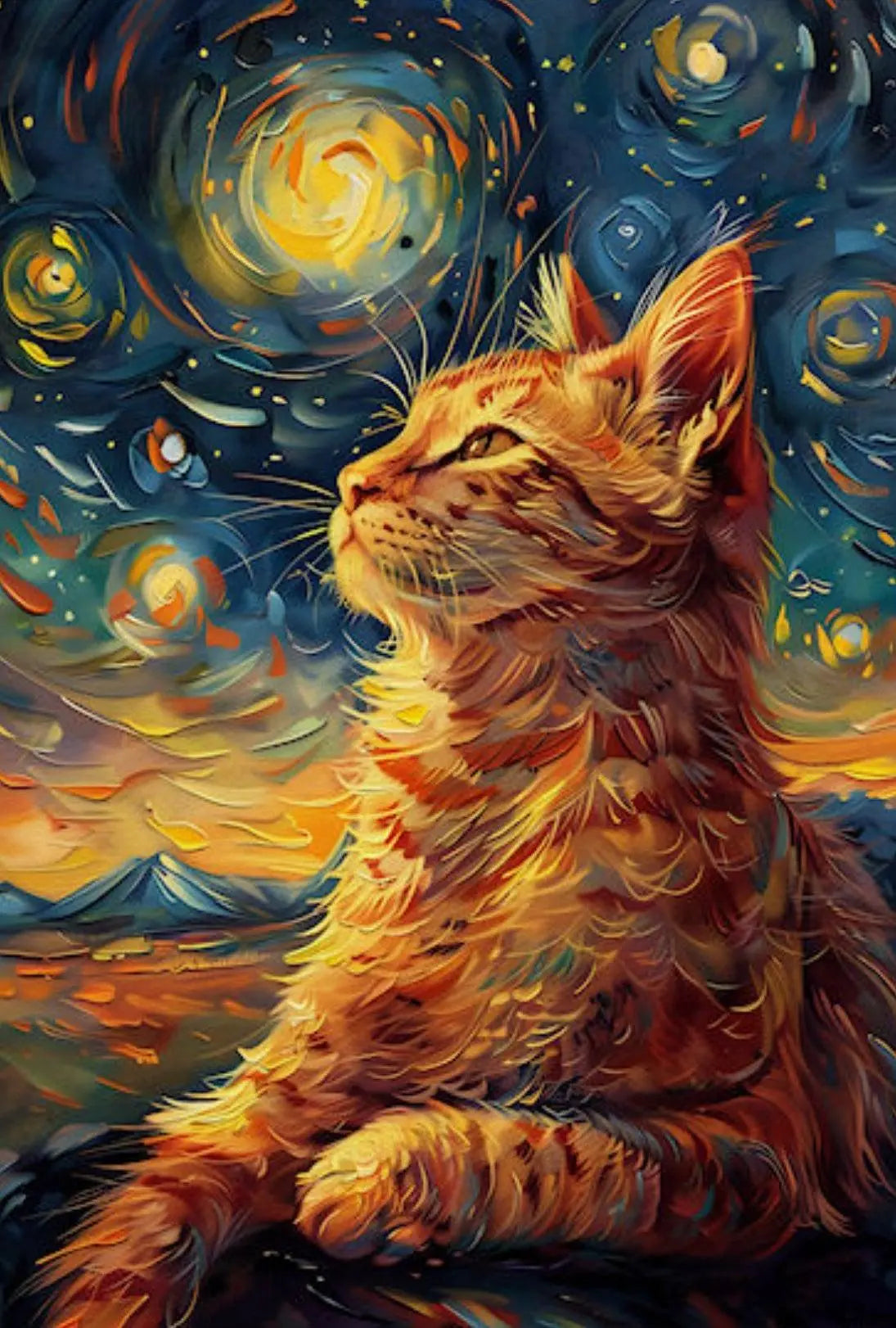 Whimsical Cat beneath Starry Night Artistic Poster PosterGoat