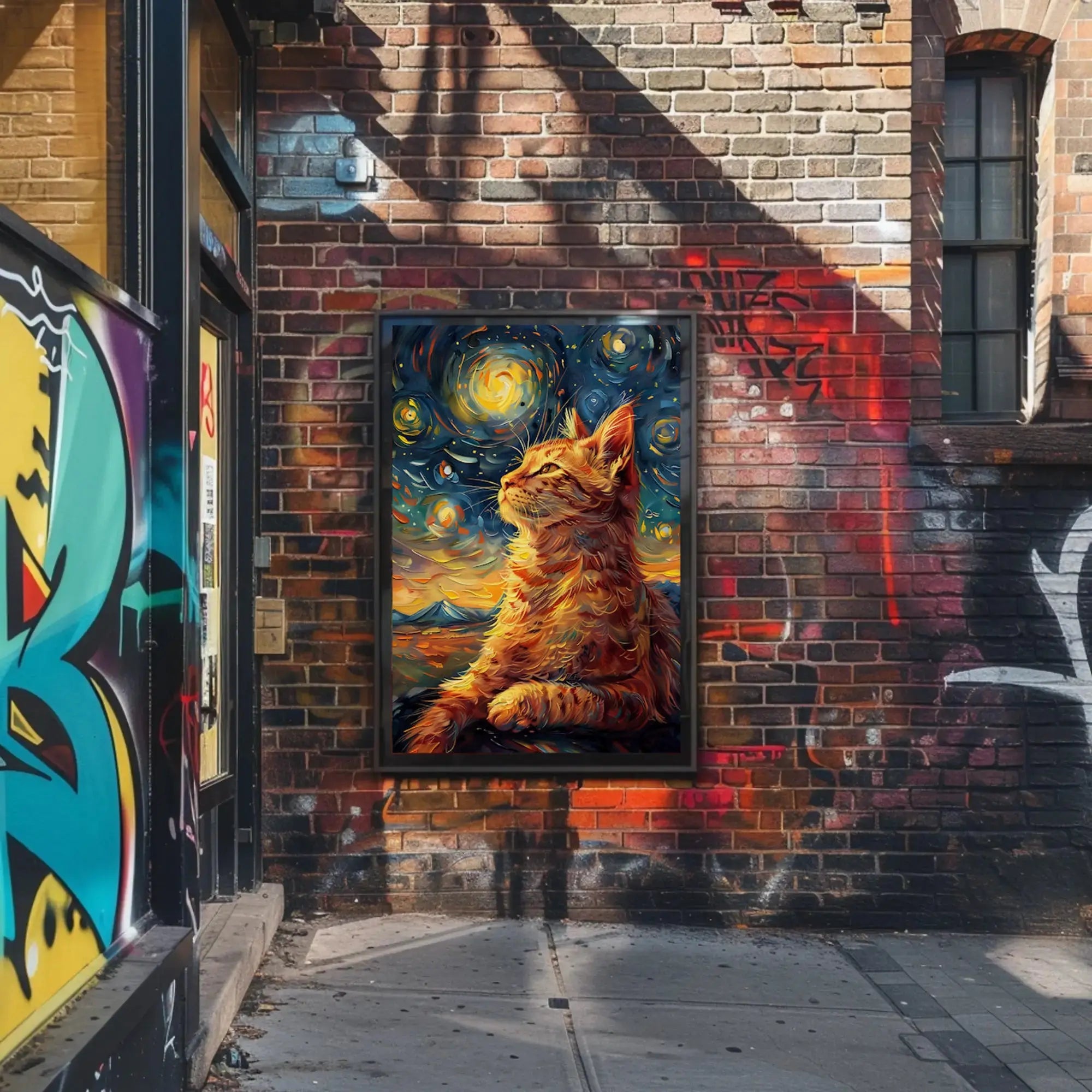Whimsical Cat beneath Starry Night Artistic Poster PosterGoat
