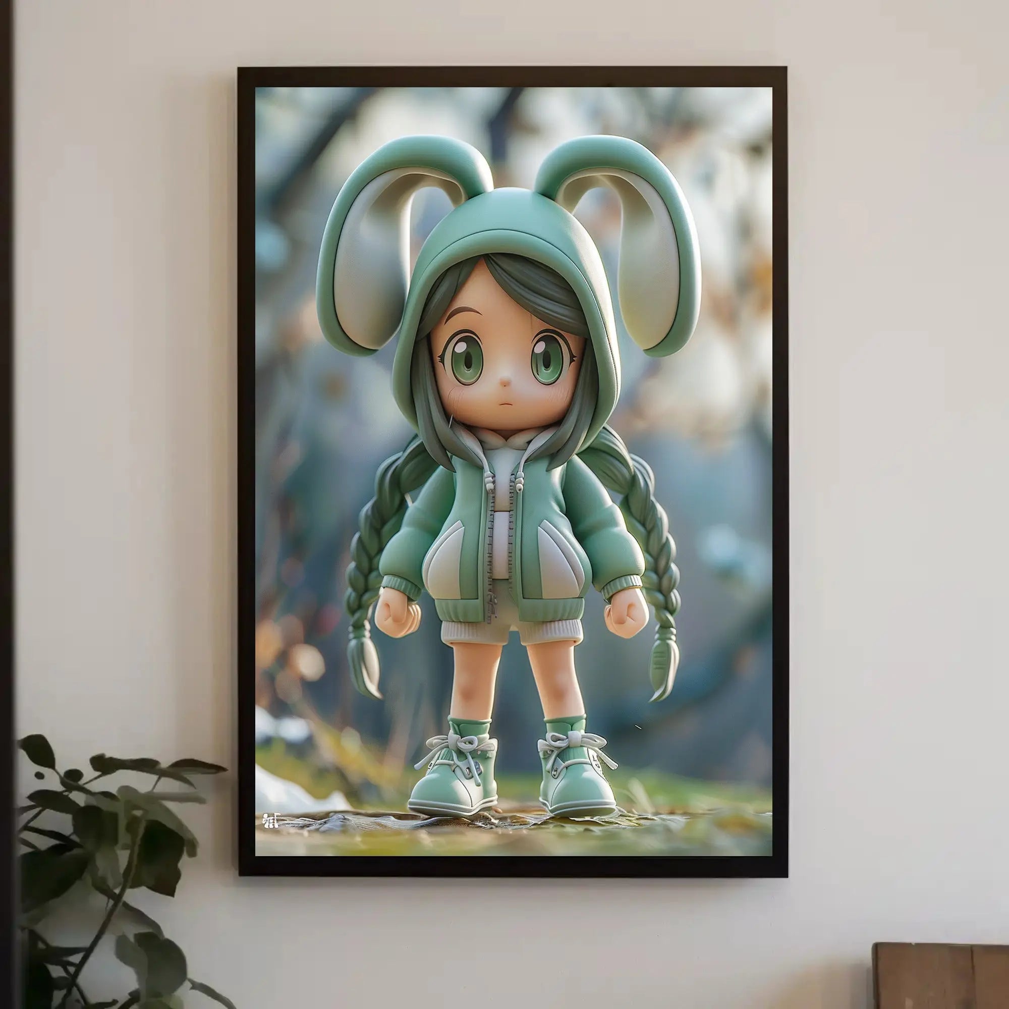 Whimsical Character Art in Green Hoodie Pop Culture Poster PosterGoat