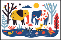 Whimsical Elephants with Colorful Nature Scene Poster PosterGoat