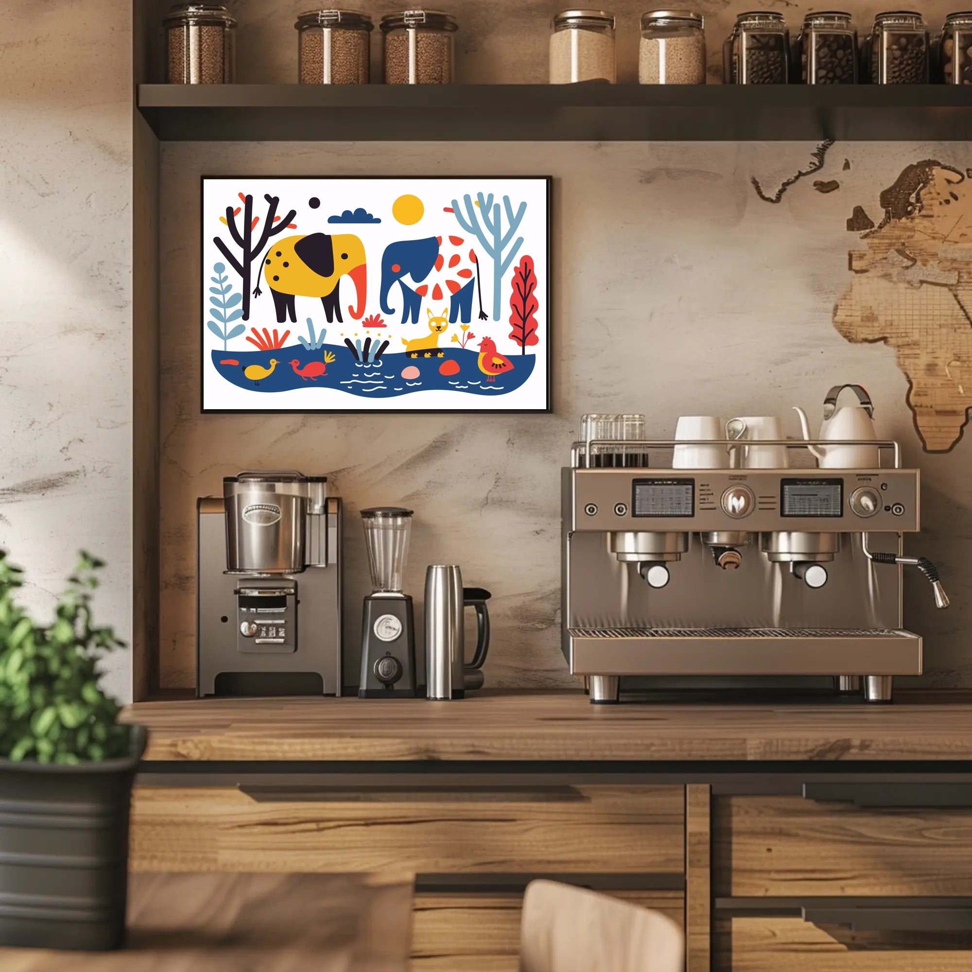 Whimsical Elephants with Colorful Nature Scene Poster PosterGoat