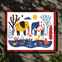 Whimsical Elephants with Colorful Nature Scene Poster PosterGoat