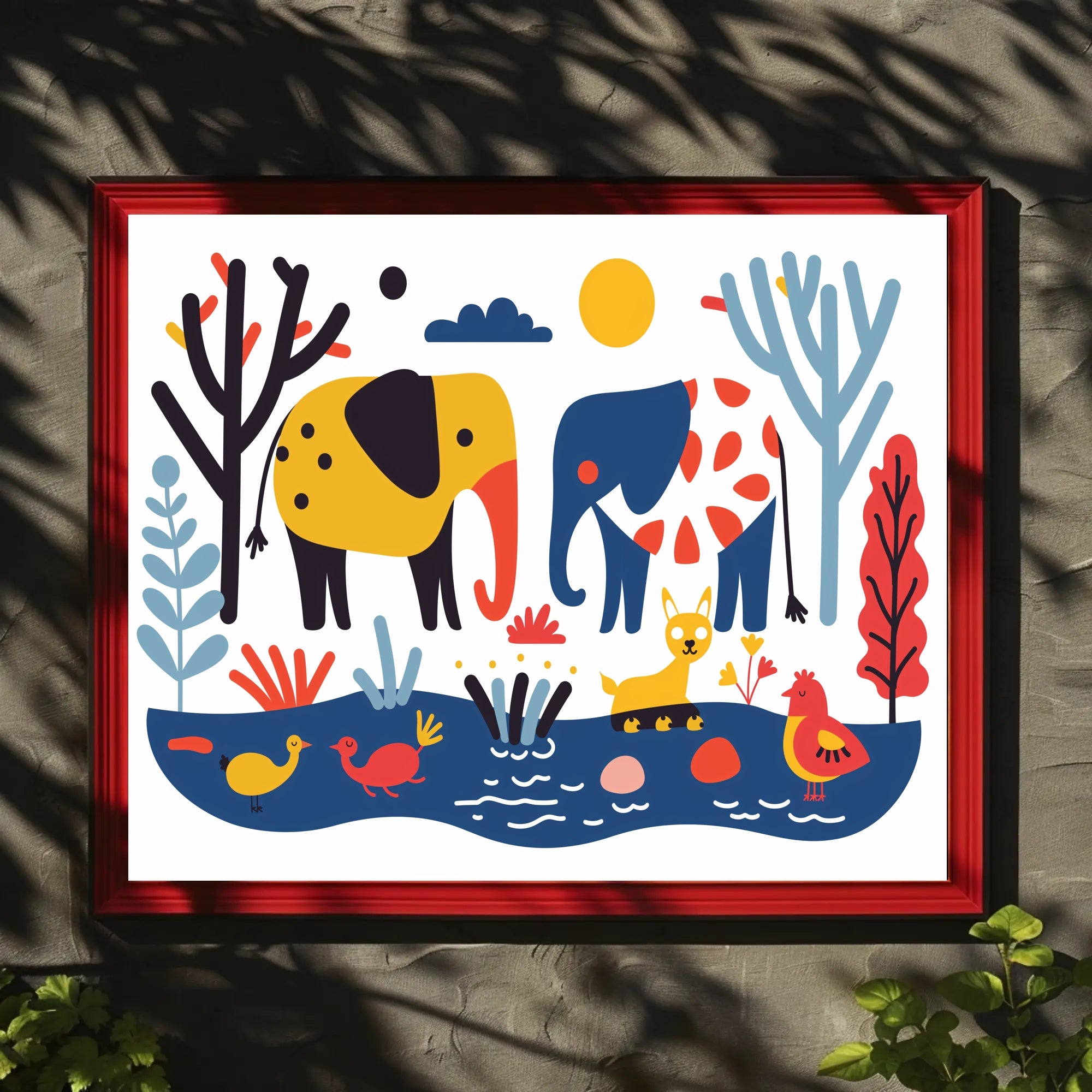 Whimsical Elephants with Colorful Nature Scene Poster PosterGoat