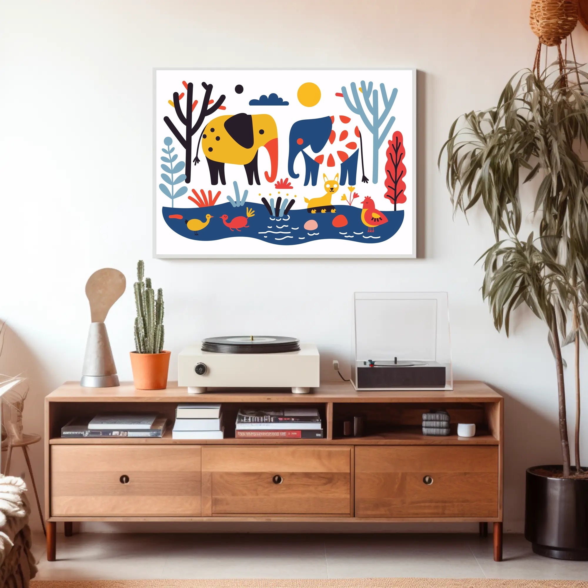 Whimsical Elephants with Colorful Nature Scene Poster PosterGoat