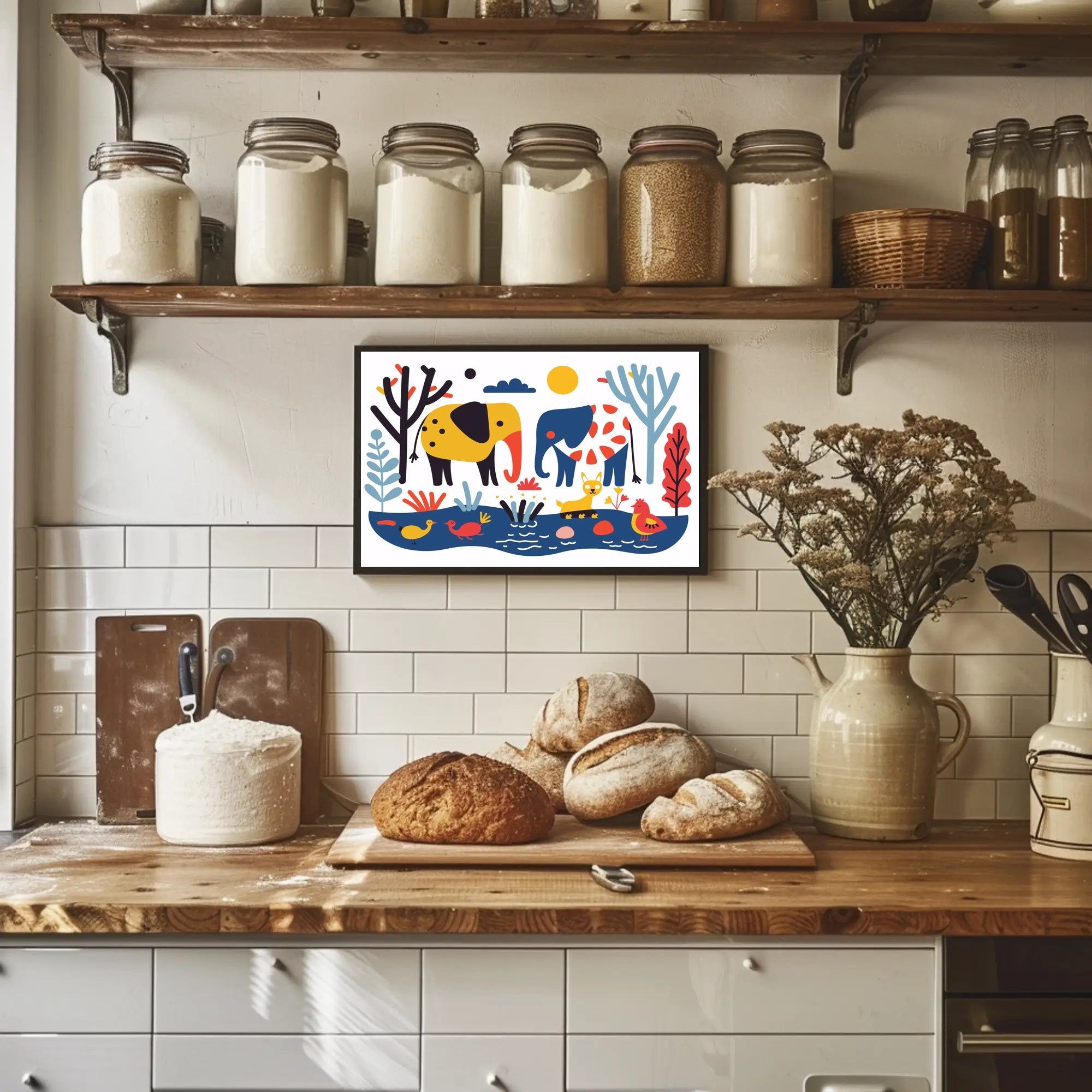 Whimsical Elephants with Colorful Nature Scene Poster PosterGoat