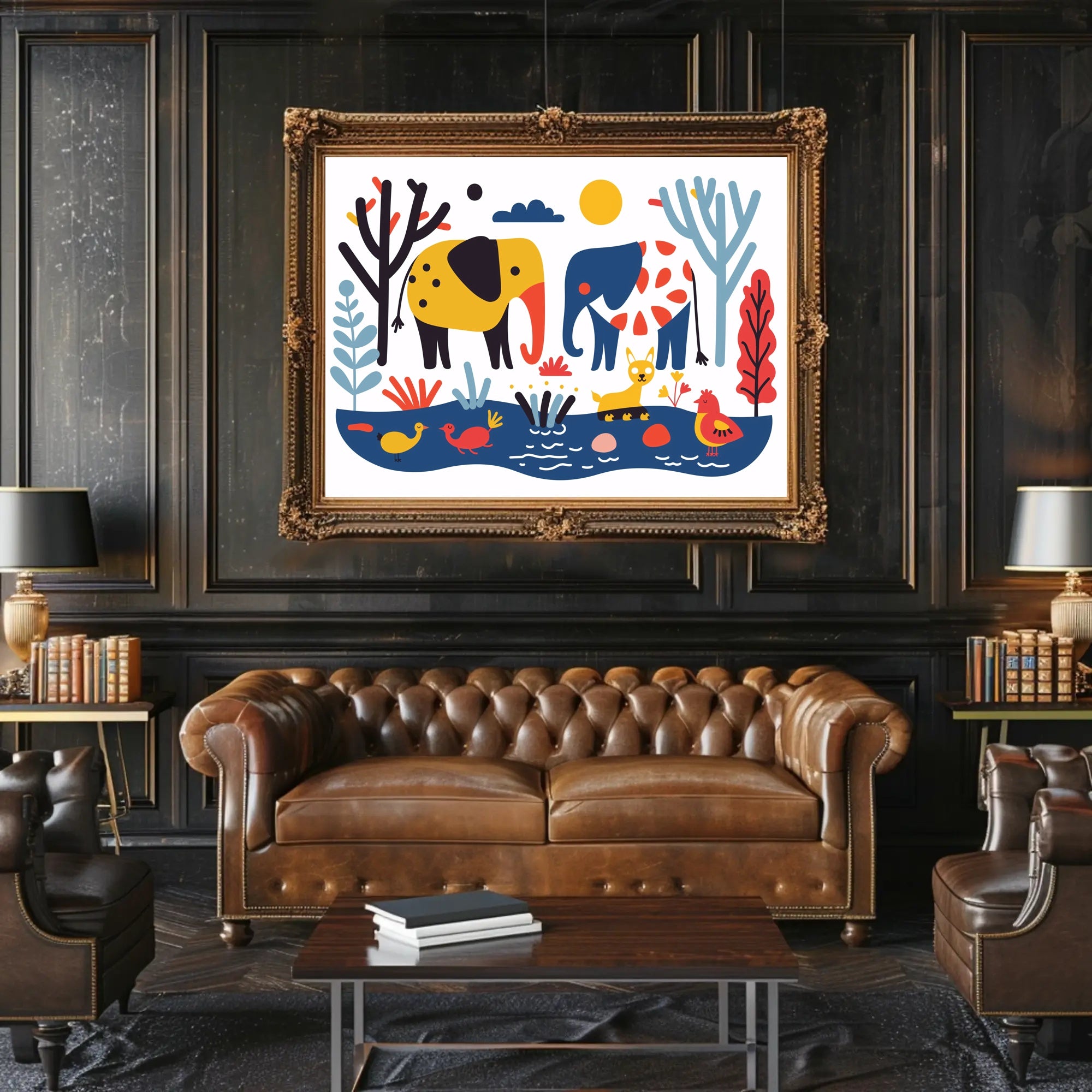 Whimsical Elephants with Colorful Nature Scene Poster PosterGoat