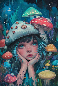 Whimsical Fantasy Girl with Mushrooms Artistic Poster PosterGoat