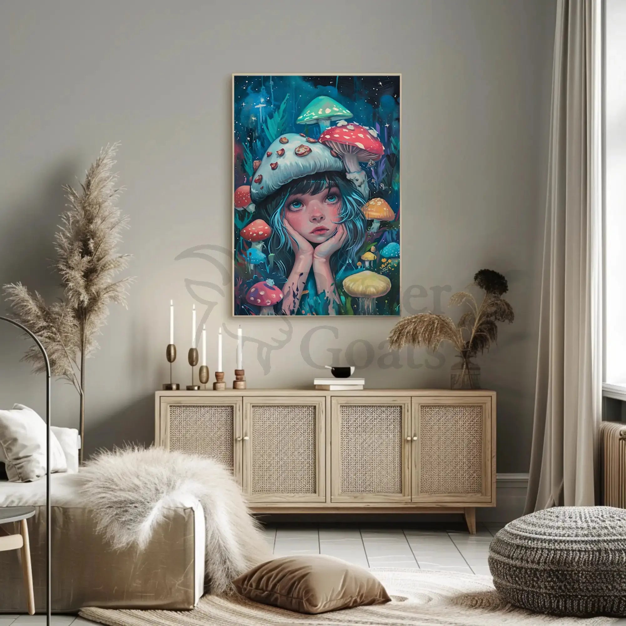 Whimsical Fantasy Girl with Mushrooms Artistic Poster PosterGoat