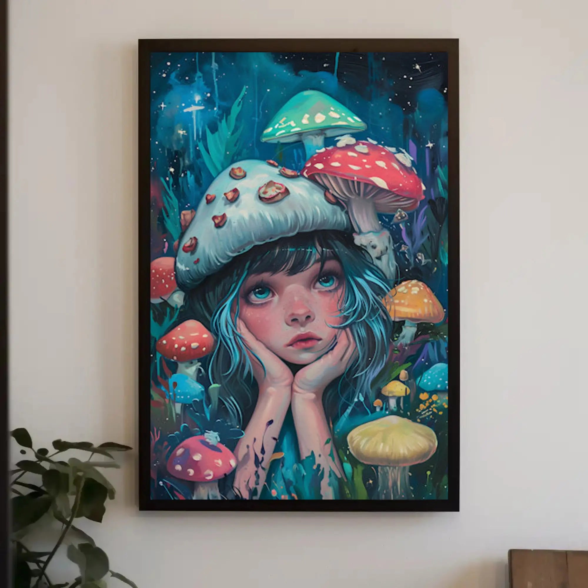 Whimsical Fantasy Girl with Mushrooms Artistic Poster PosterGoat