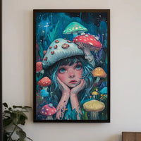Whimsical Fantasy Girl with Mushrooms Artistic Poster PosterGoat