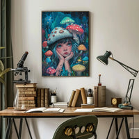 Whimsical Fantasy Girl with Mushrooms Artistic Poster PosterGoat
