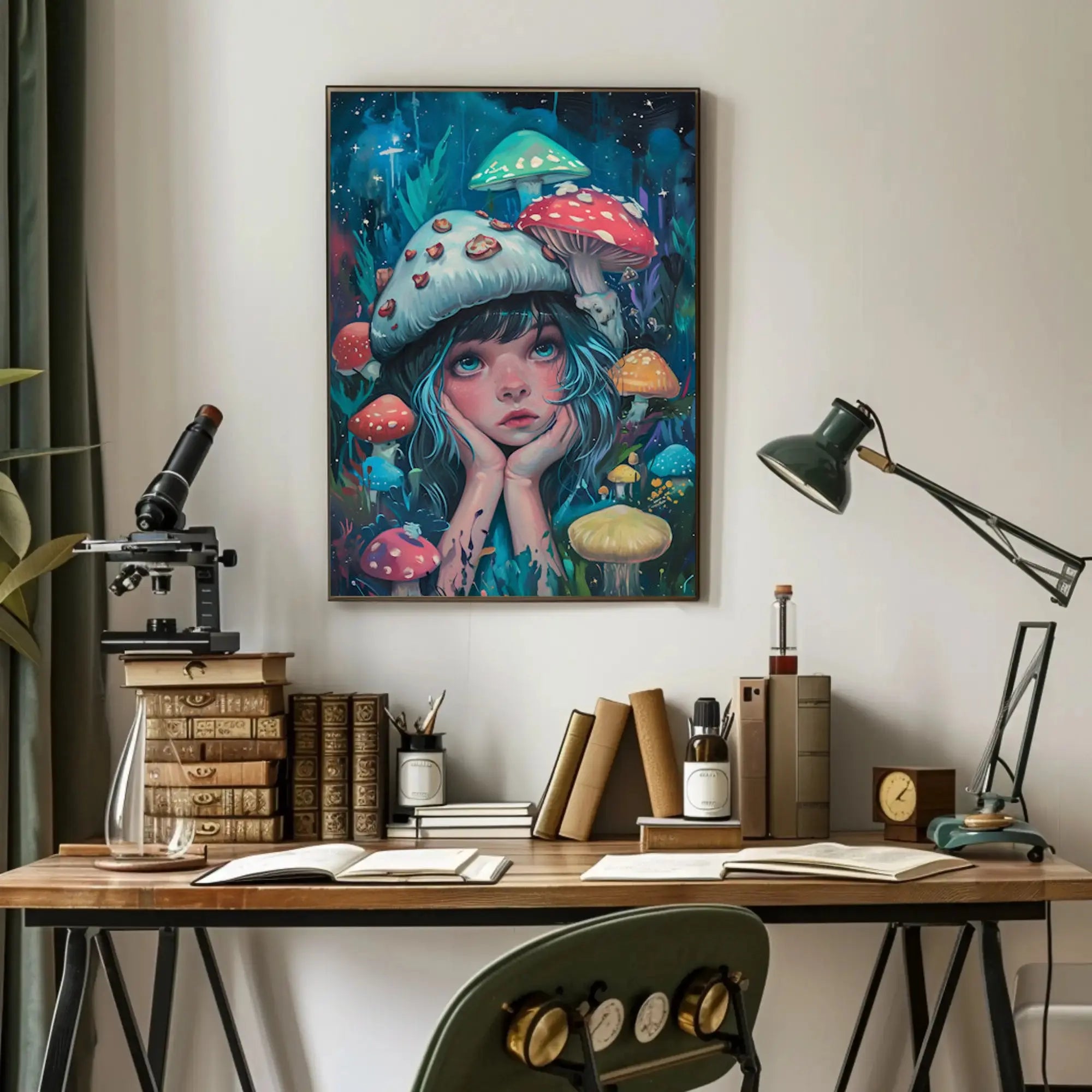 Whimsical Fantasy Girl with Mushrooms Artistic Poster PosterGoat