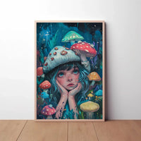 Whimsical Fantasy Girl with Mushrooms Artistic Poster PosterGoat