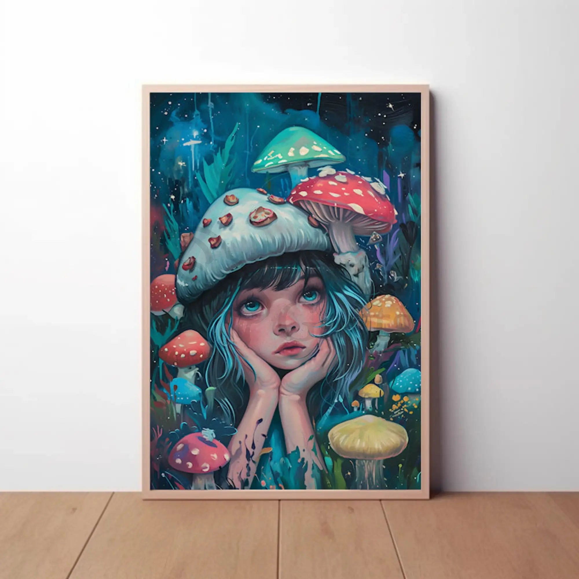 Whimsical Fantasy Girl with Mushrooms Artistic Poster PosterGoat