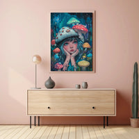 Whimsical Fantasy Girl with Mushrooms Artistic Poster PosterGoat