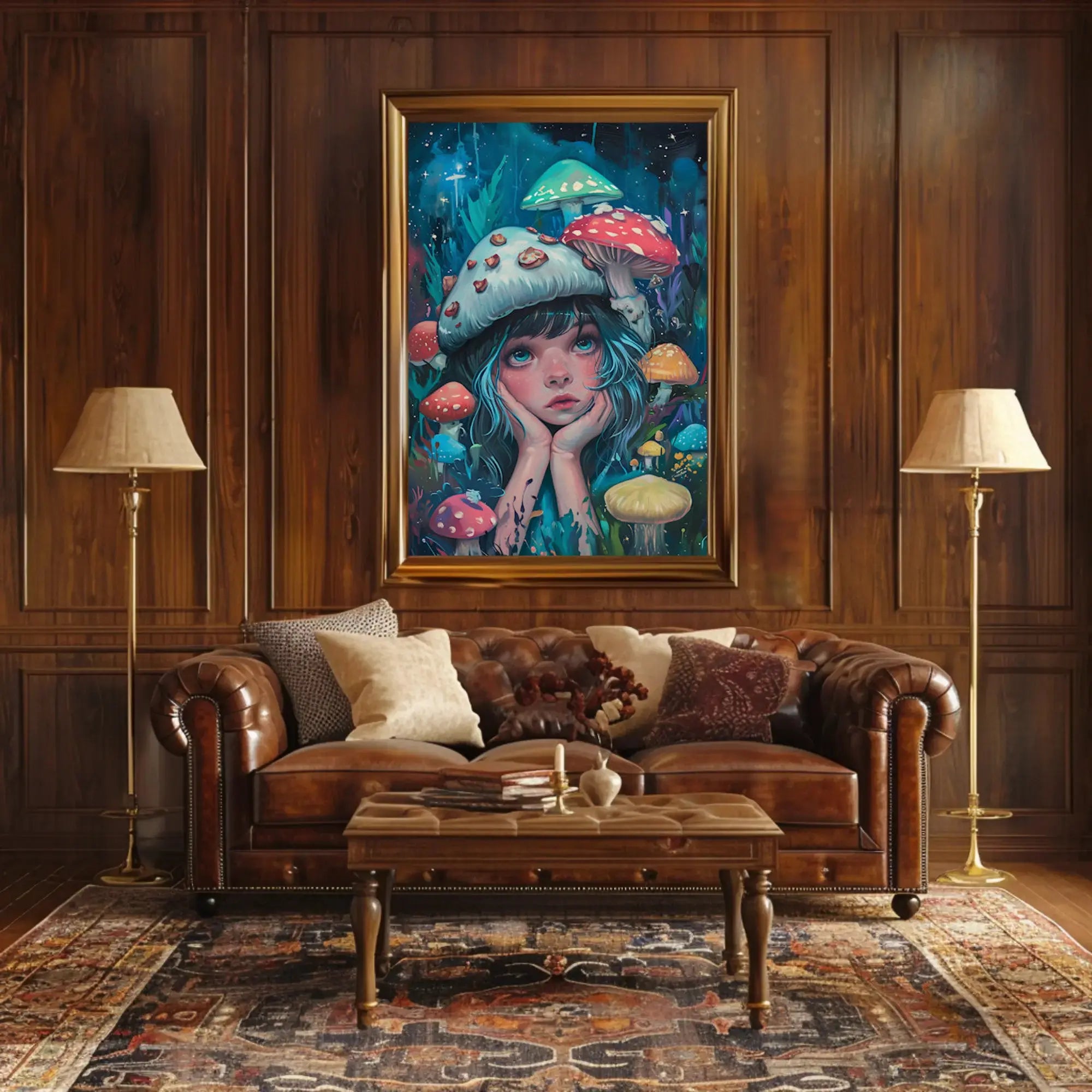 Whimsical Fantasy Girl with Mushrooms Artistic Poster PosterGoat