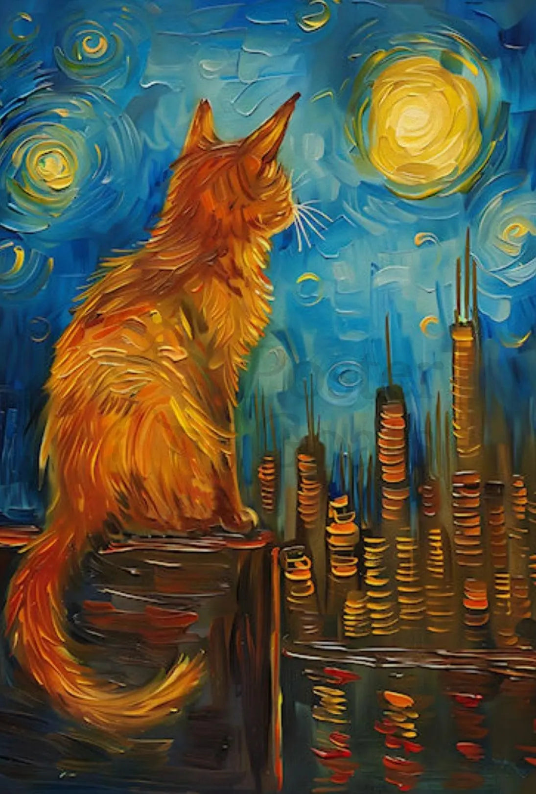 Whimsical Feline Nightscape Artistic Animal Poster PosterGoat